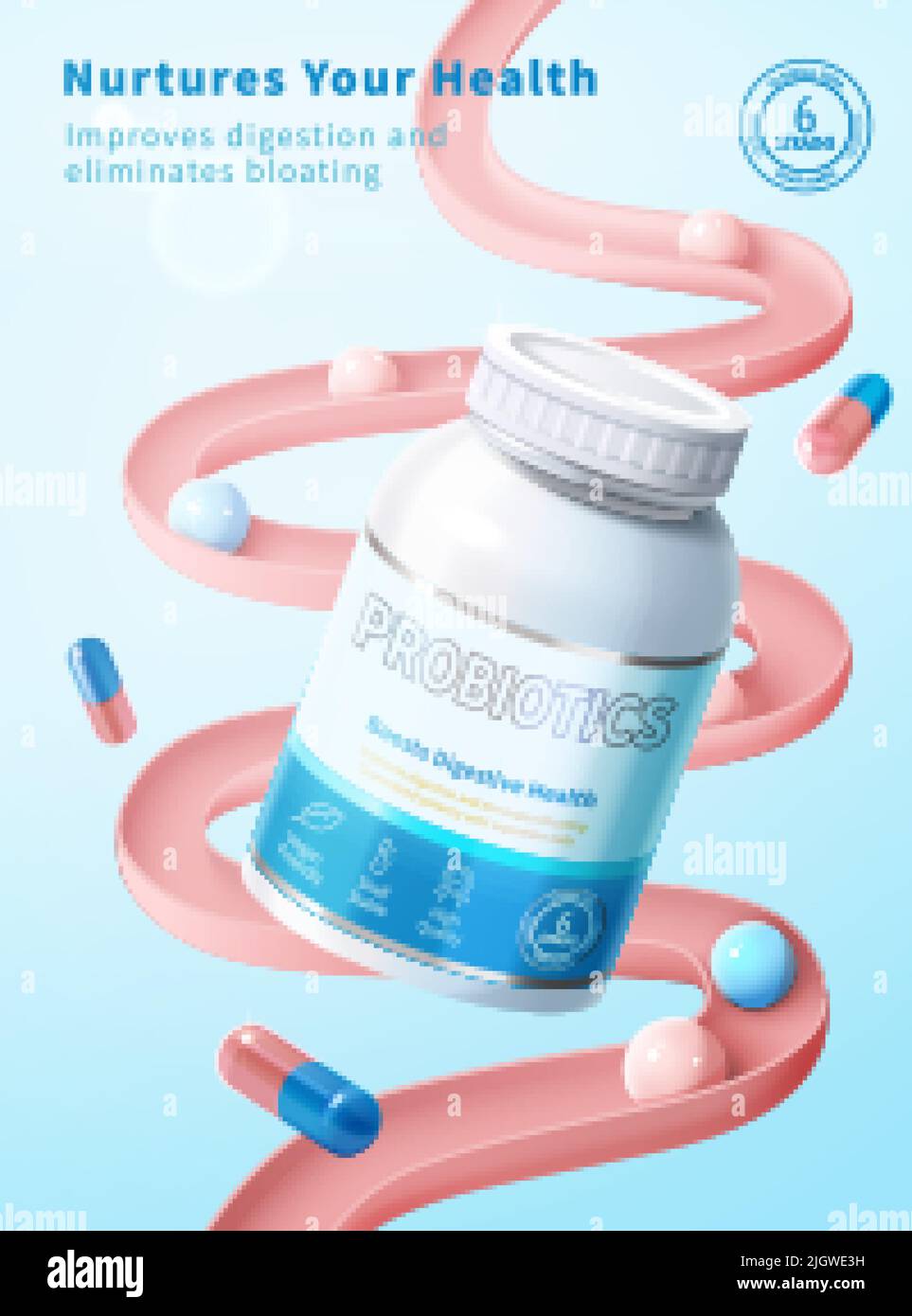 Creative minimal probiotics supplement ad template. 3d composition of white drug bottle and pink gut model with capsule and enzyme ball. Concept of he Stock Vector