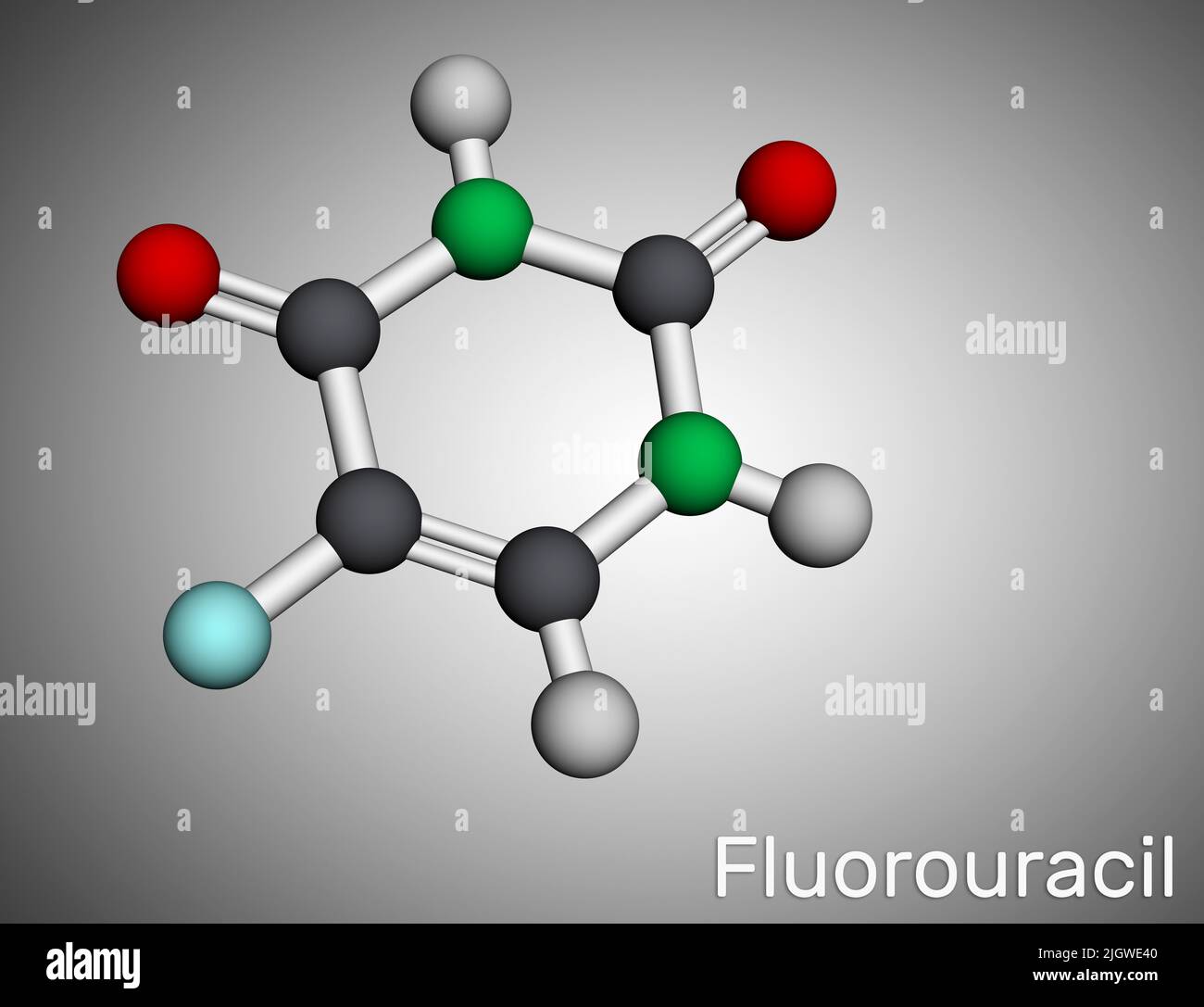 Fluorouracil, 5-FU molecule. It is pyrimidine analog, cytotoxic chemotherapy medication used to treat cancer. Molecular model. 3D rendering. Illustrat Stock Photo