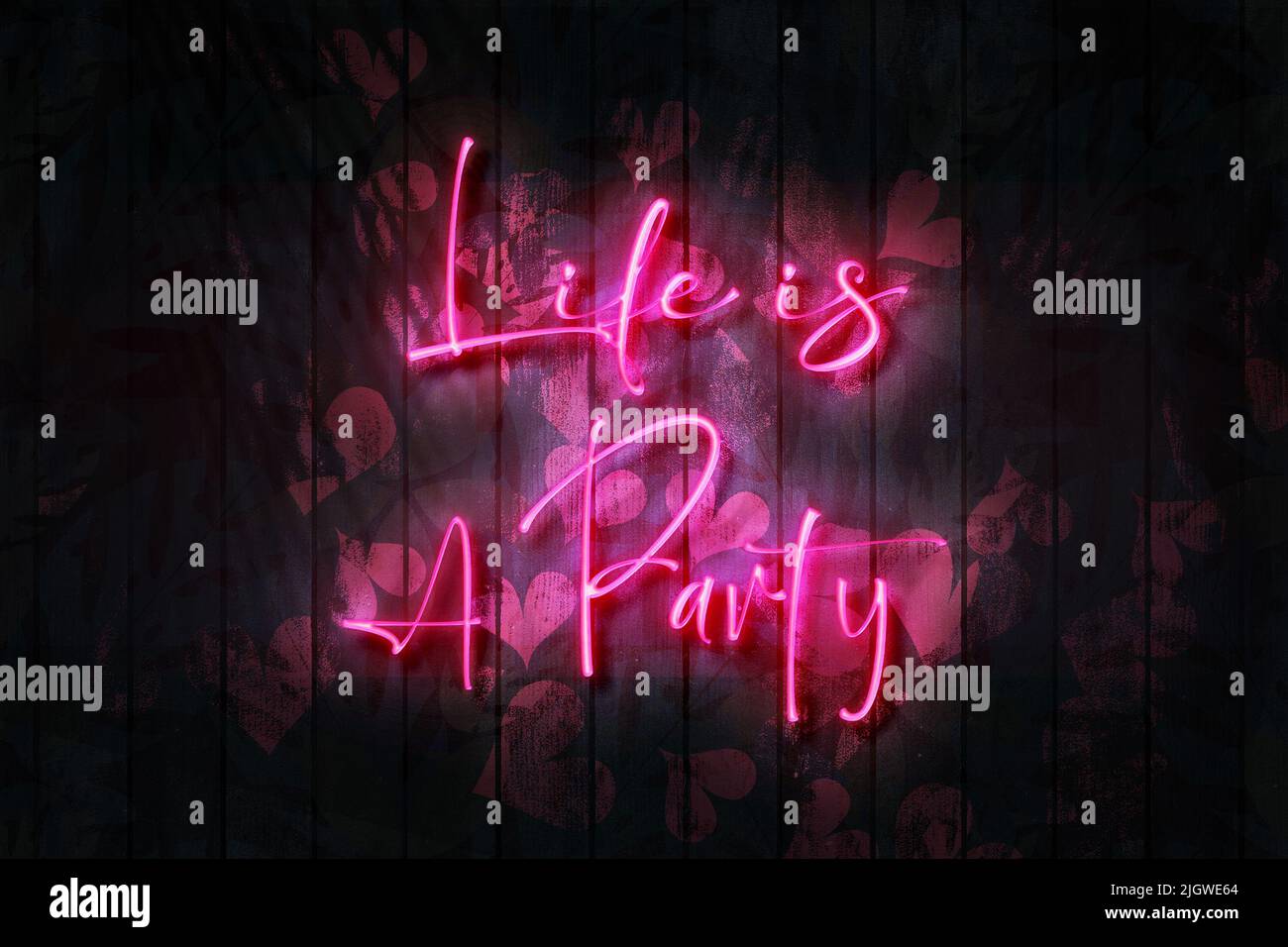 Life is a Party neon sign on a Dark Wooden Wall 3D illustration with red heart background. Stock Photo