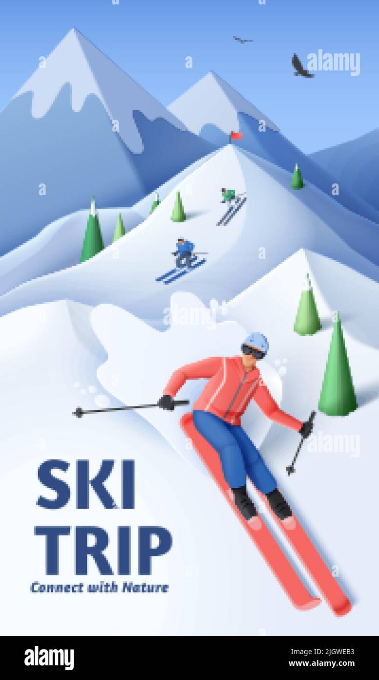 Ski trip poster. Papercut style illustration of amateur skiers riding downhill on snowy mountains Stock Vector