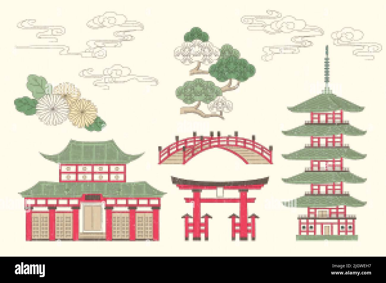 Japanese buildings including torii, bridge with natural elements of flowers, trees and clouds elements illustrated in vintage ink style on beige backg Stock Vector