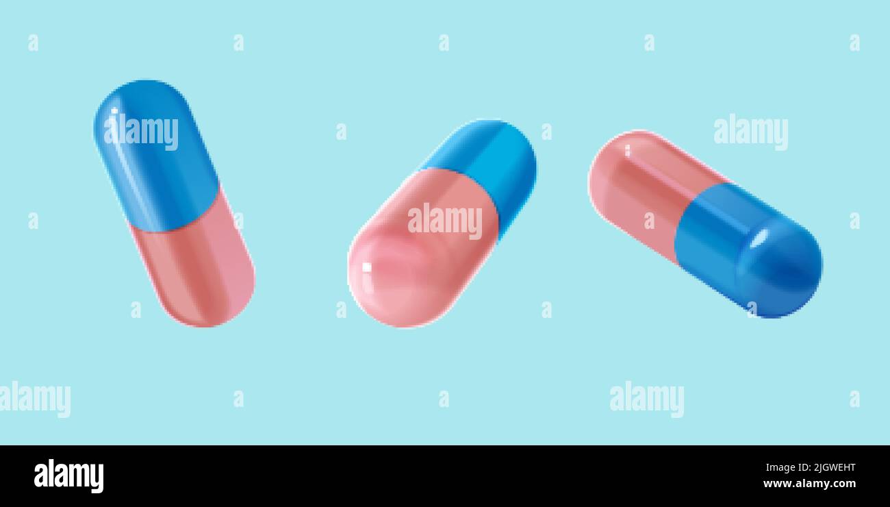 3d glossy medical capsules isolated with blue and pink color. Mockup suitable for drug or supplement. Stock Vector
