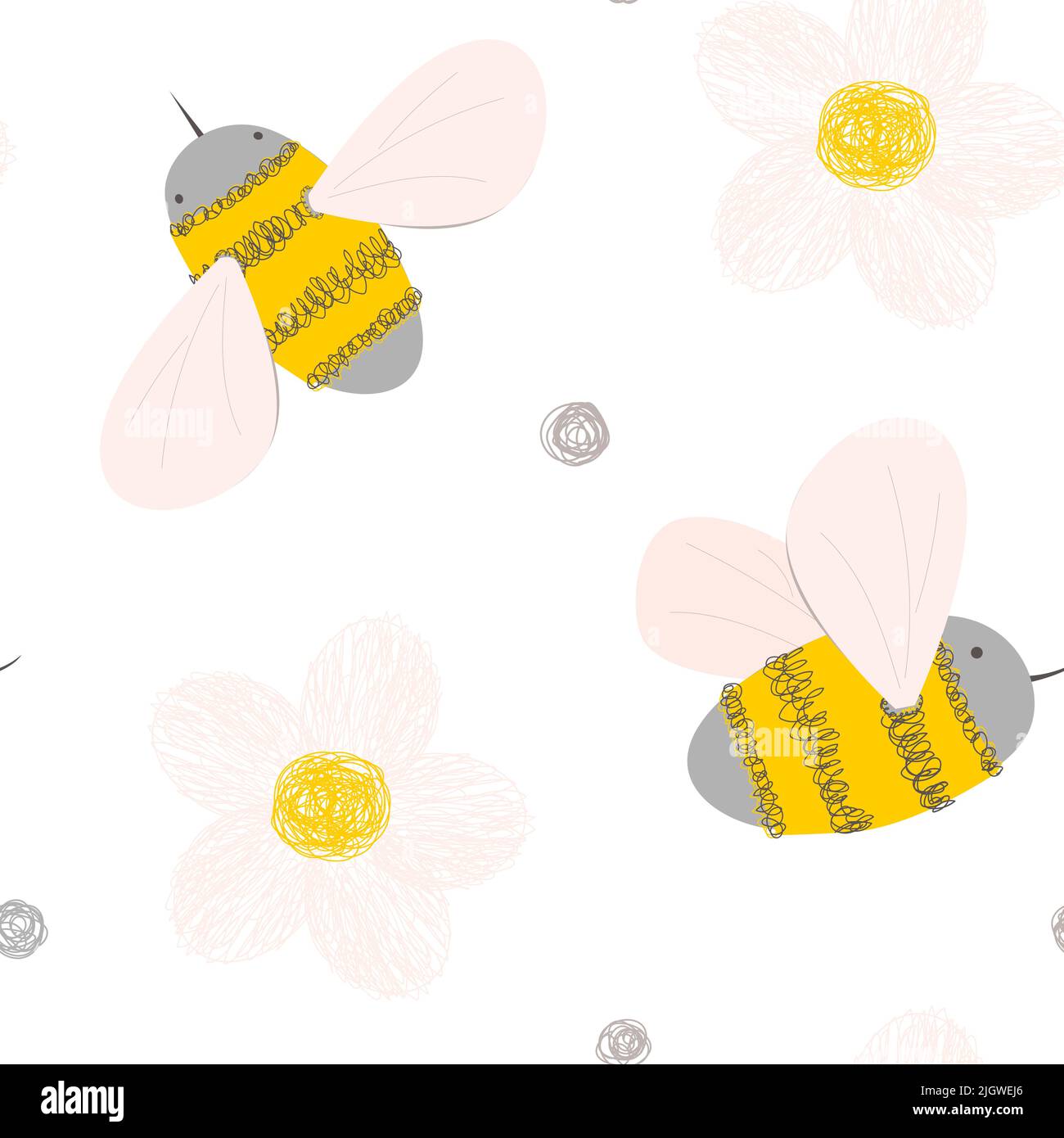Cute seamless pattern with doodle bees and flowers. Hand drawn cartoon background for baby goods, cards, beekeeping packaging Stock Vector