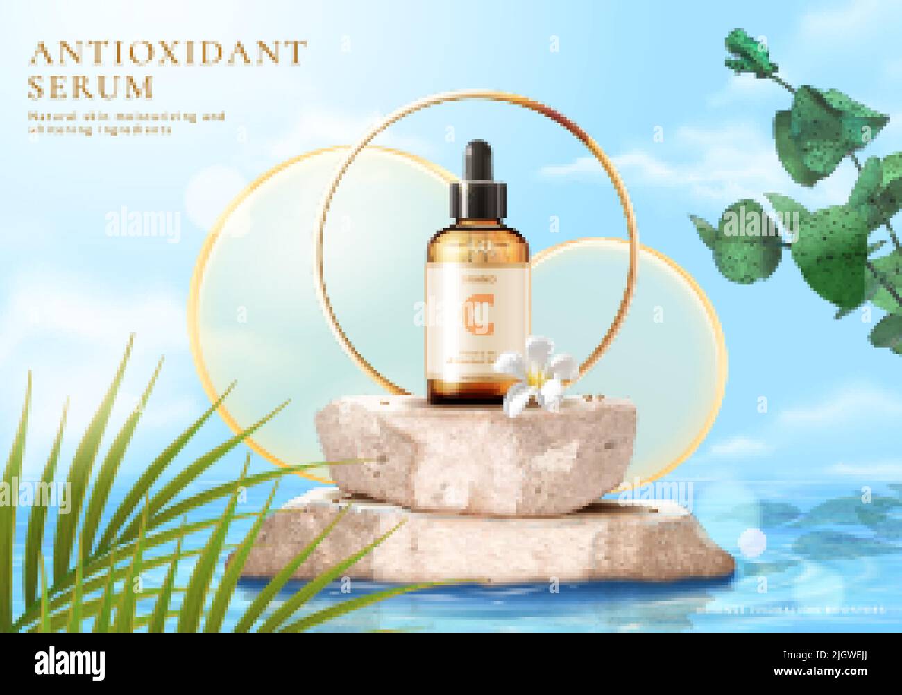 3d summer cosmetic product ad template. Dropper bottle displayed on sandstone stage with orange glass disks and tropic sea water scene. Stock Vector