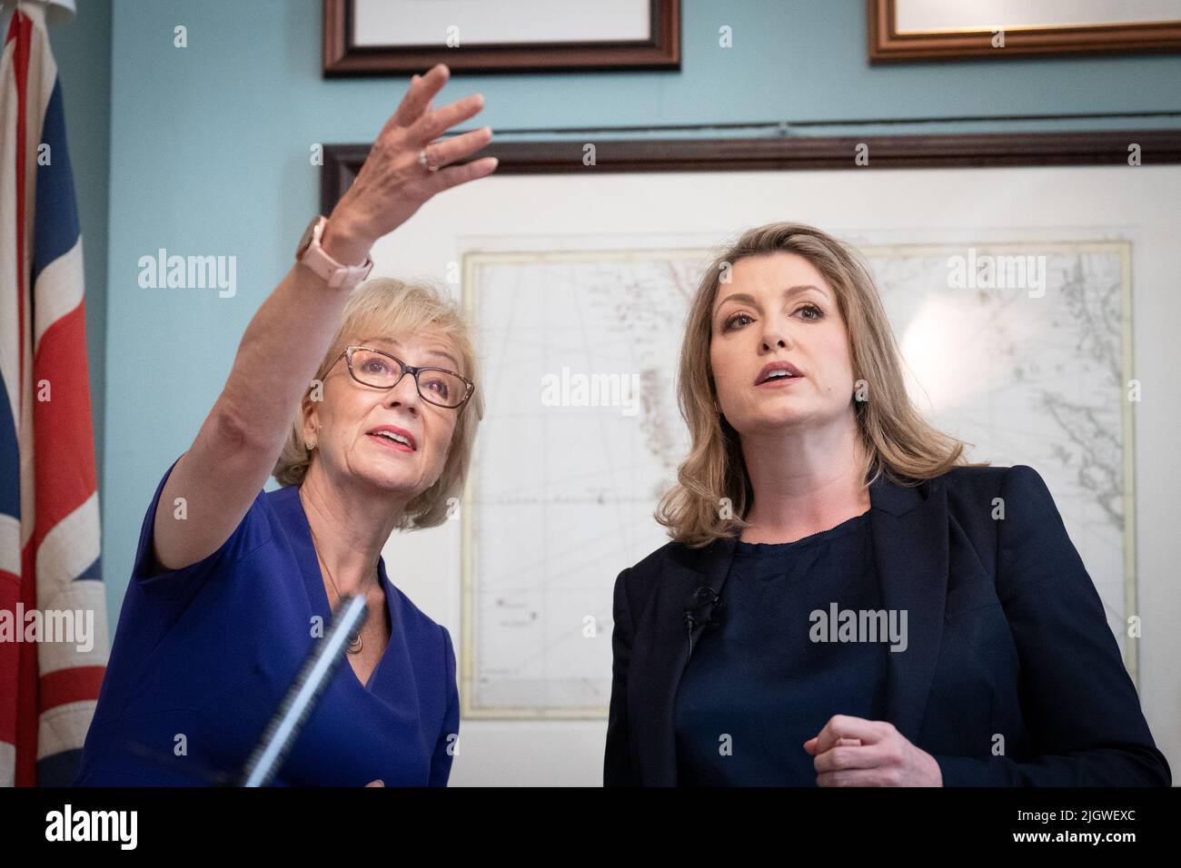 Penny Mordaunt (right) supported by Andrea Leadsom MP at the launch of her campaign to be Conservative Party leader and Prime Minister, at the Cinnamon Club, in Westminster, London. Picture date: Wednesday July 13, 2022. Stock Photo