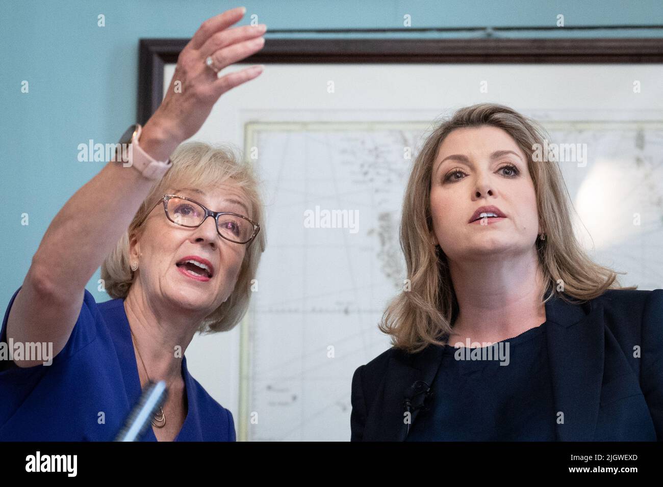 Penny Mordaunt (right) supported by Andrea Leadsom MP at the launch of her campaign to be Conservative Party leader and Prime Minister, at the Cinnamon Club, in Westminster, London. Picture date: Wednesday July 13, 2022. Stock Photo