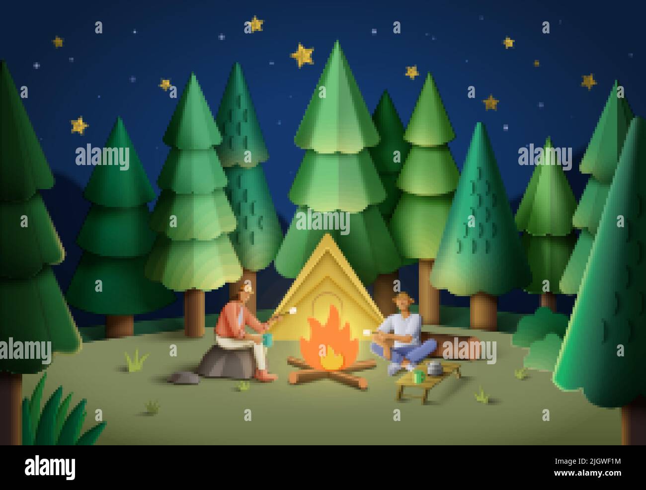 A man and a woman in a pine forest sitting by a tent at night and roasting marshmallows near campfire Stock Vector