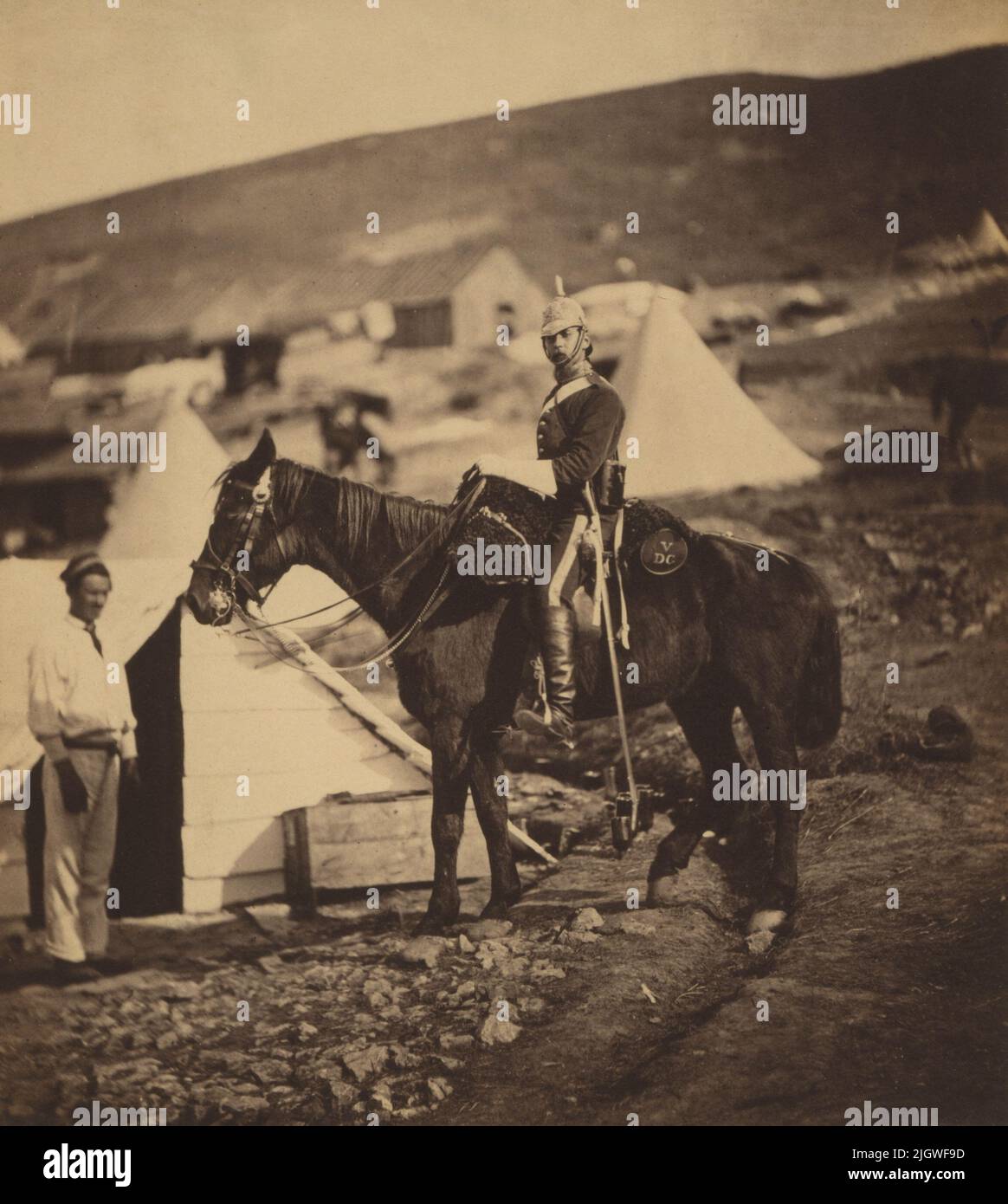 A vintage photo circa 1855 of Captain Bernard of the British , 5th Dragoon Guards on horseback during the Crimean war of 1853 to 1856. Taken by the photographer Roger Fenton Stock Photo
