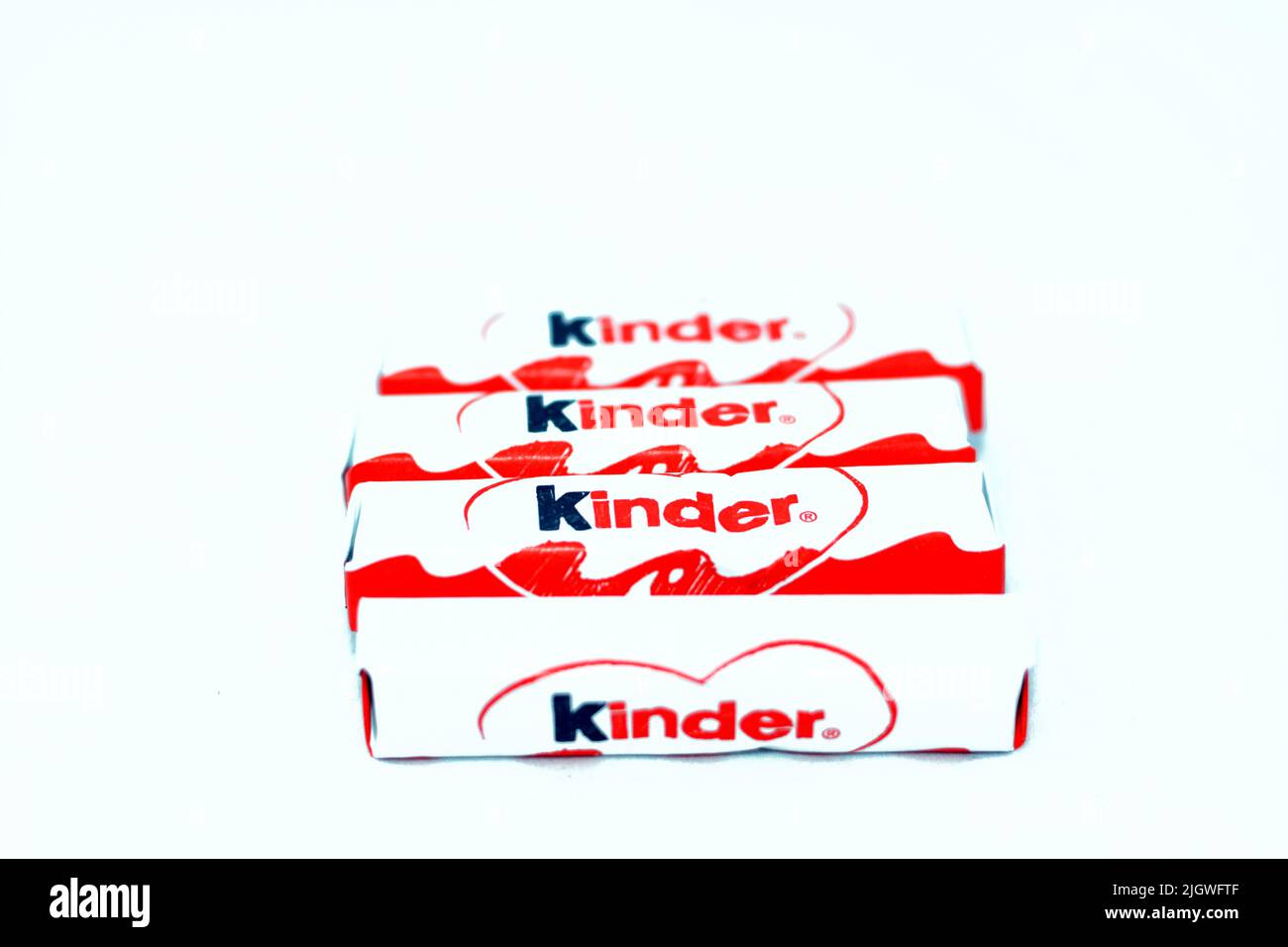 Cairo, Egypt, May 27 2022: Kinder milk chocolate bars pack, a mini snack rich in milk, lait and cacao, A chocolate recipe which contains two delicious Stock Photo