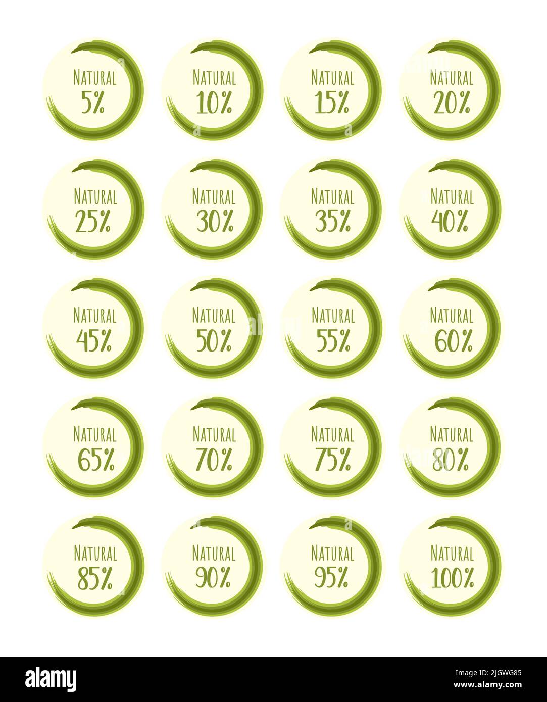 Set of stickers with number in percent and the inscription Natural product, round, green. Vector illustration Stock Vector