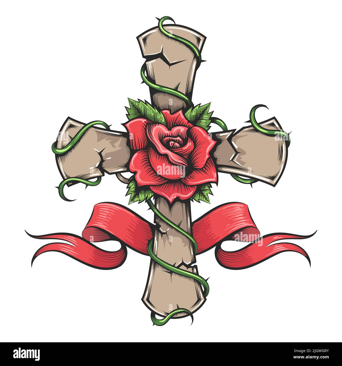 Tattoo of Rose on Stone Cross and Ribbon Vector illustration. Stock Vector