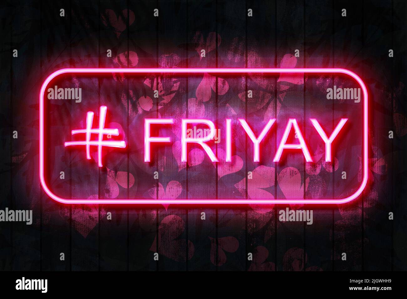 # Friyay neon sign on a Dark Wooden Wall 3D illustration with red heart background. Stock Photo