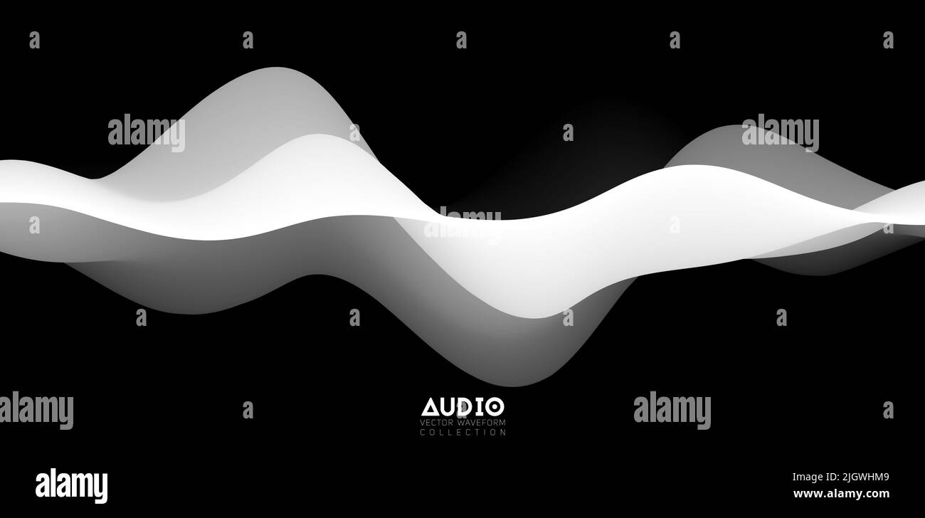 Sound wave visualiztion. 3D black and white solid waveform. Voice sample pattern. Stock Vector