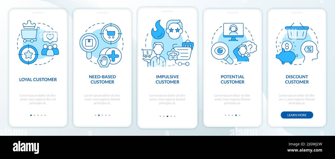 Types of customers blue onboarding mobile app screen Stock Vector Image ...