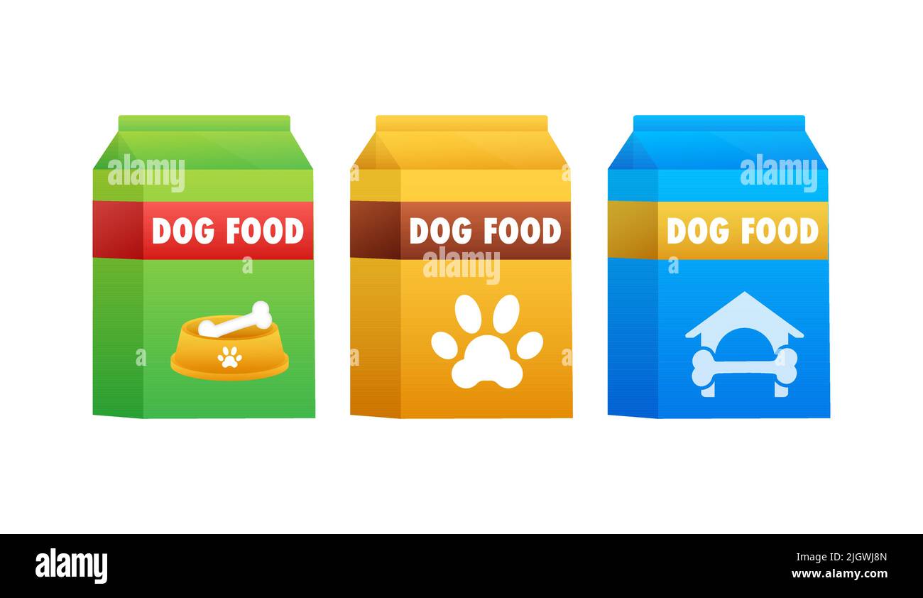 Dog dry food bowl. Bag package, Advertising. Vector illustration. Stock Vector