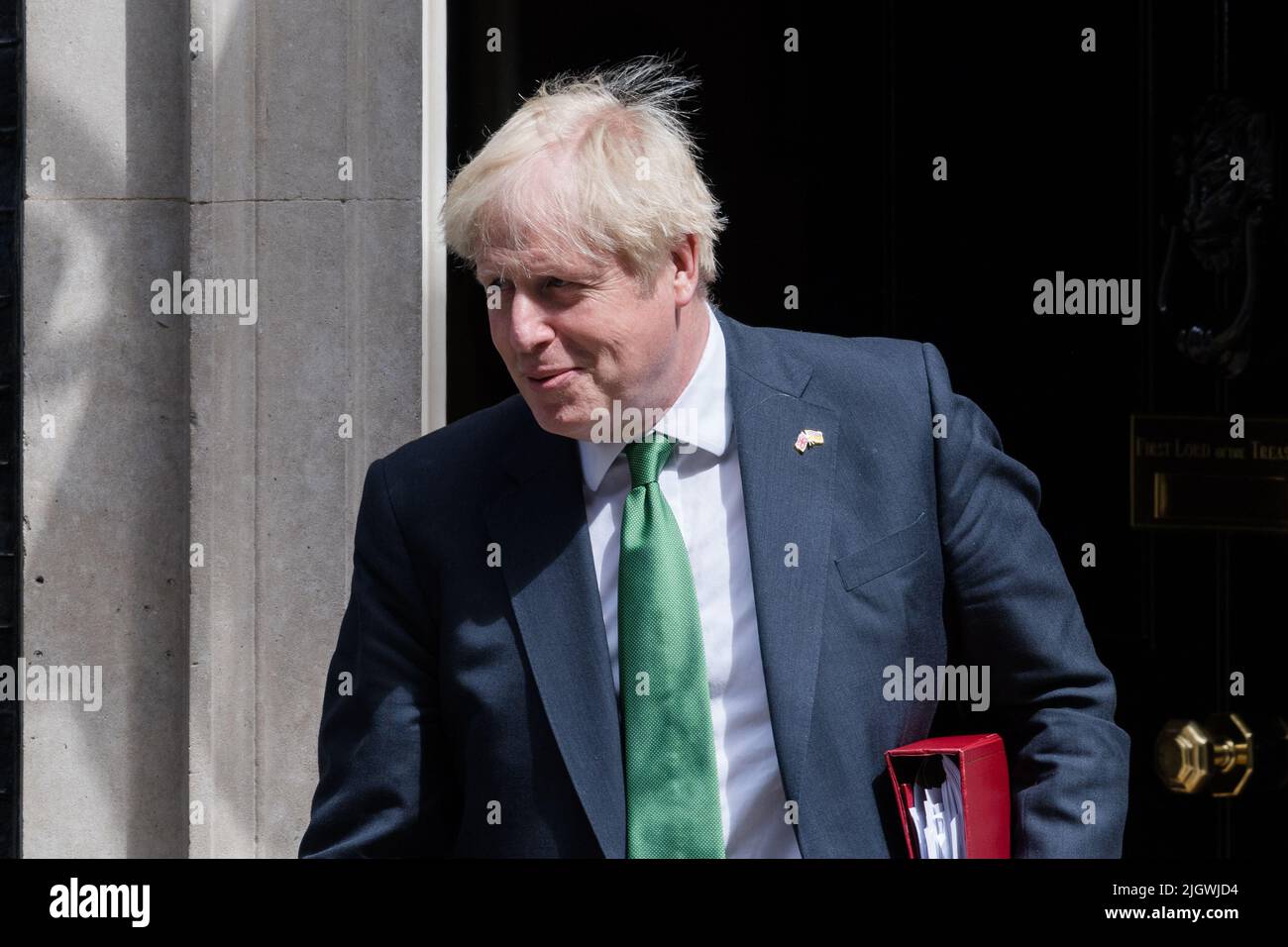 London, UK. 13th July, 2022.  British Prime Minister Boris Johnson leaves 10 Downing Street for the Houses of Parliament to attend the weekly Prime Minister's Questions. The first round of voting in the contest to replace Boris Johnson as the leader of the Conservative Party and the new British prime minister takes place today after eight candidates secured backing of 20 MP to enter the leadership ballot. Credit: Wiktor Szymanowicz/Alamy Live News Stock Photo