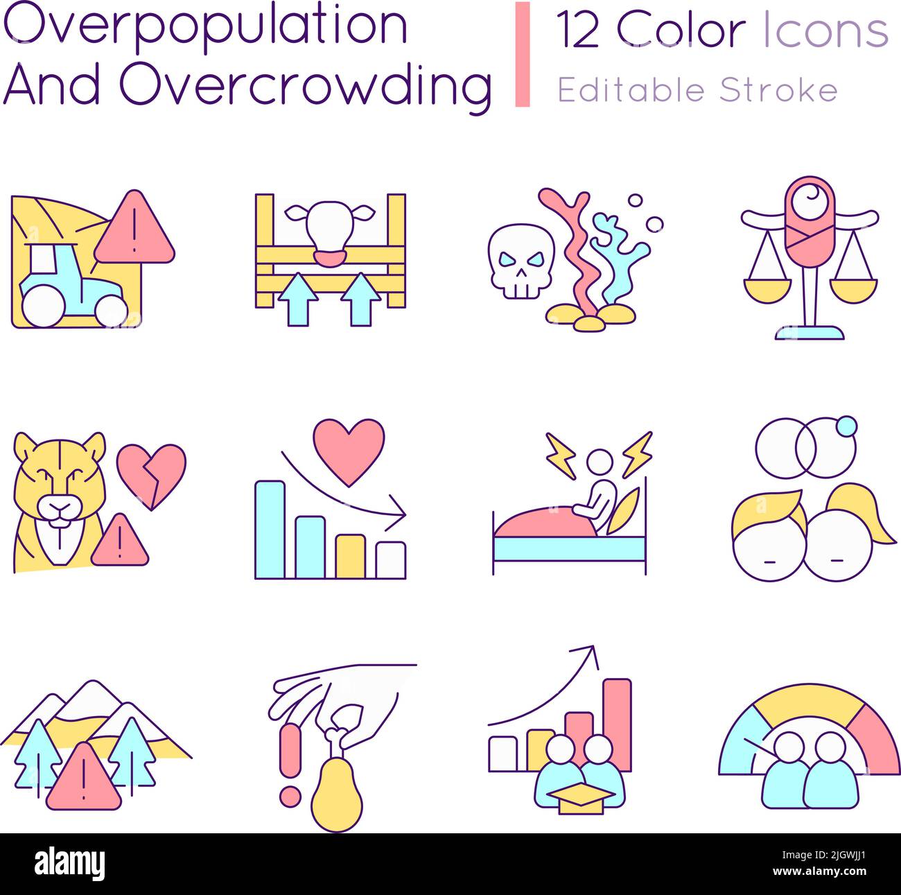 Overpopulation and overcrowding RGB color icons set Stock Vector