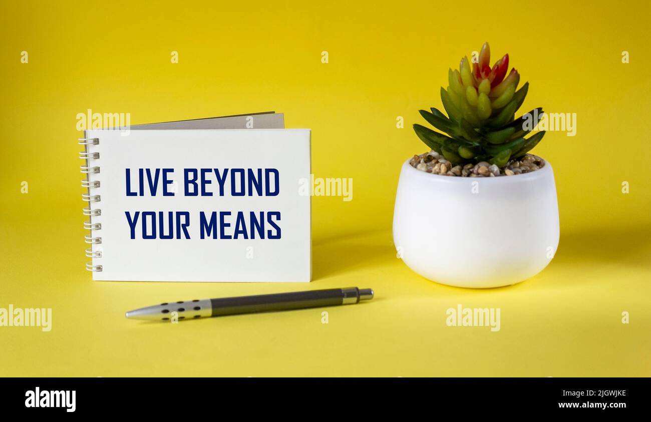 business phrase - live beyond your means - written on a notebook and a yellow background with a cactus and a pen Stock Photo