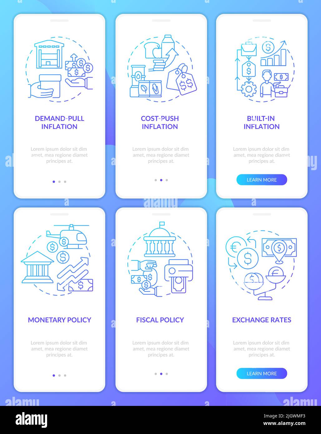 Inflation types and causes blue gradient onboarding mobile app screen ...