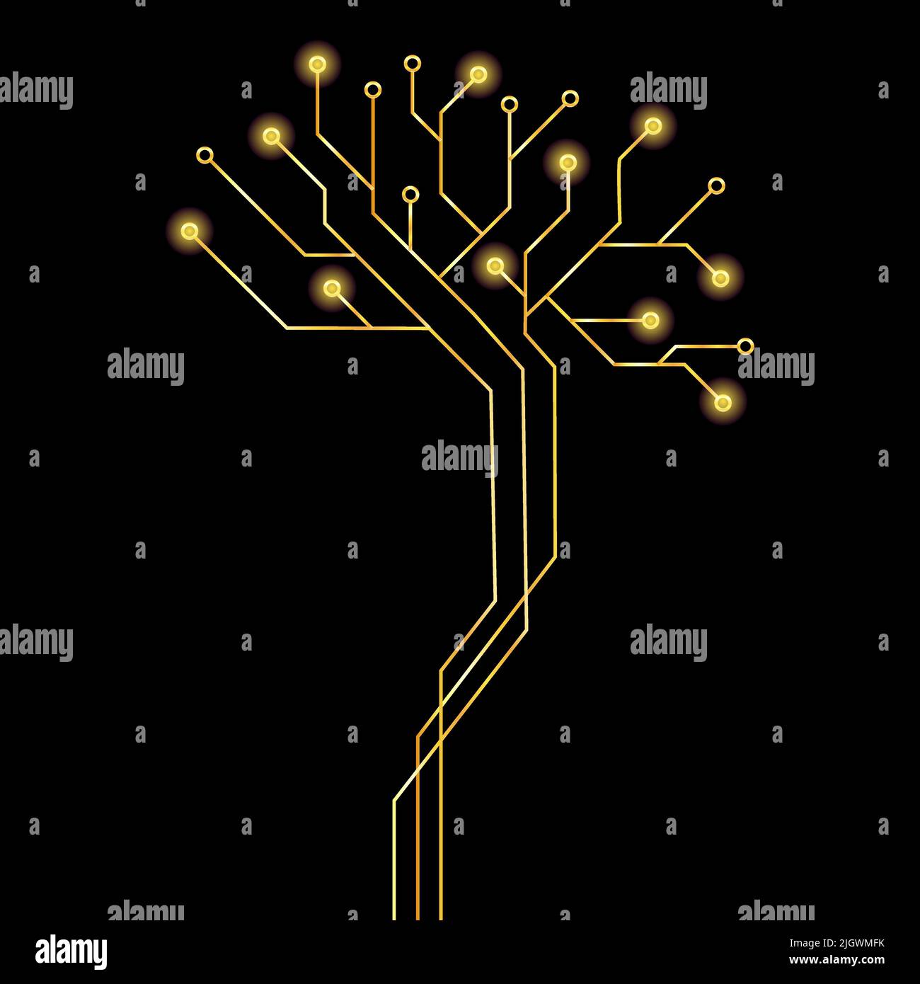 Golden digital human brain from circuit board tracks isolated on black ...