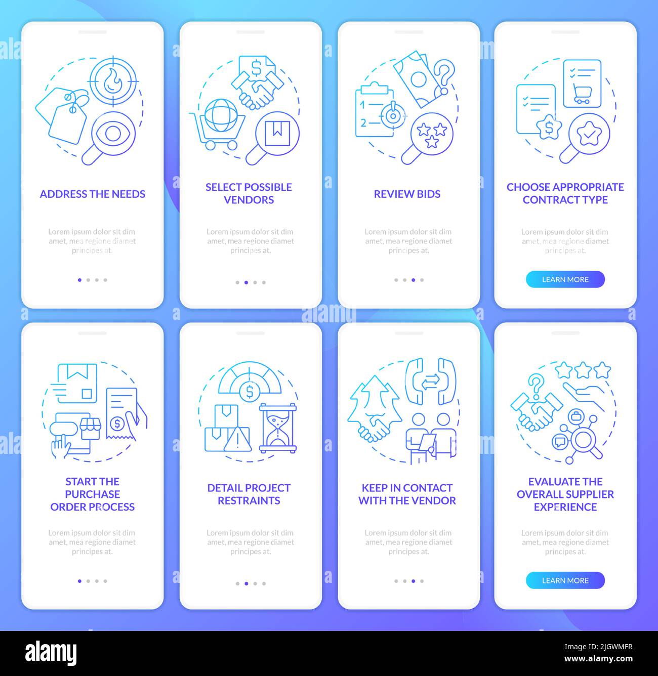 Successful procurement plan blue gradient onboarding mobile app screen set Stock Vector