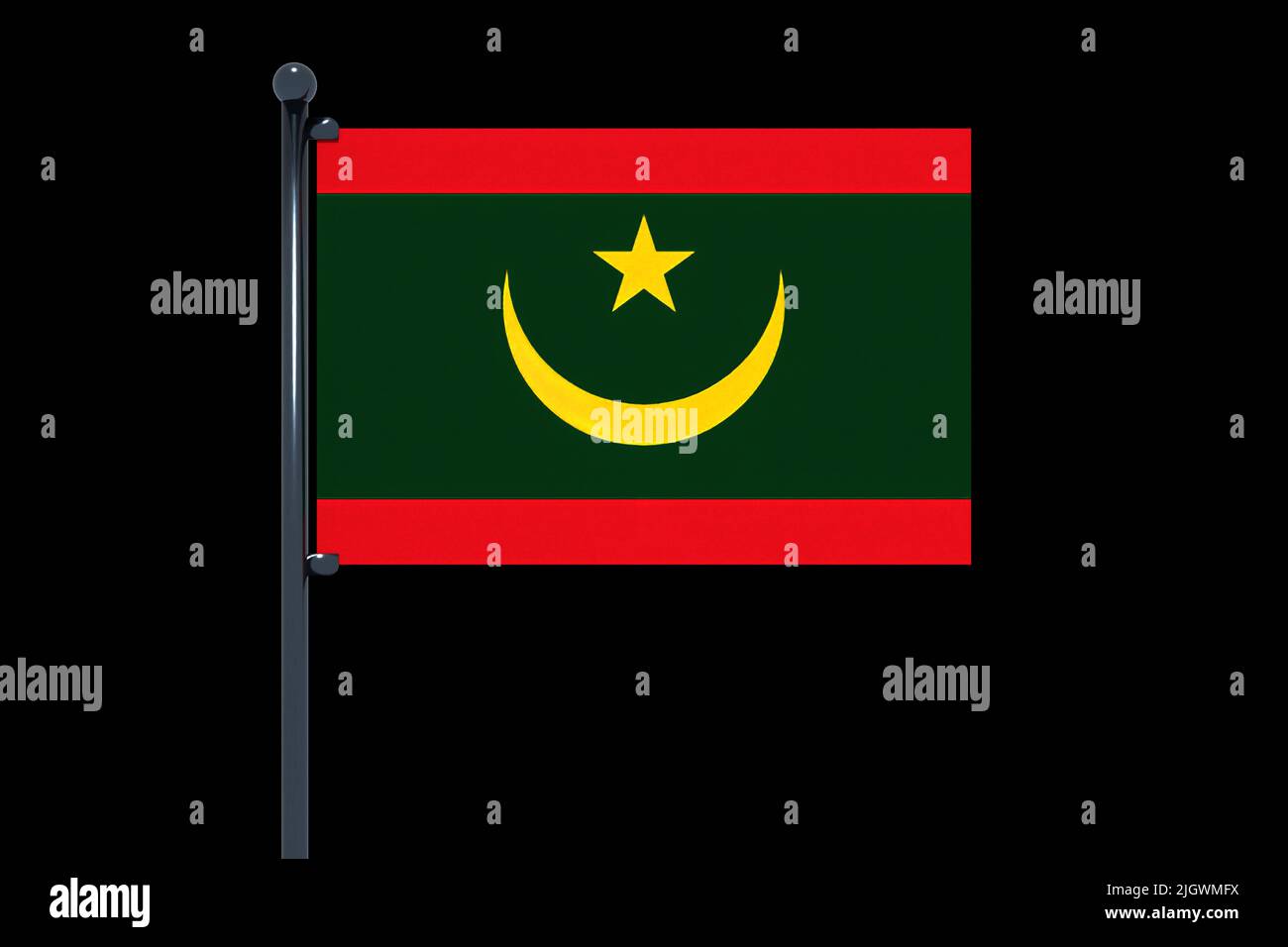 The flag of Mauritania with a 3D rendering pole and black background ...