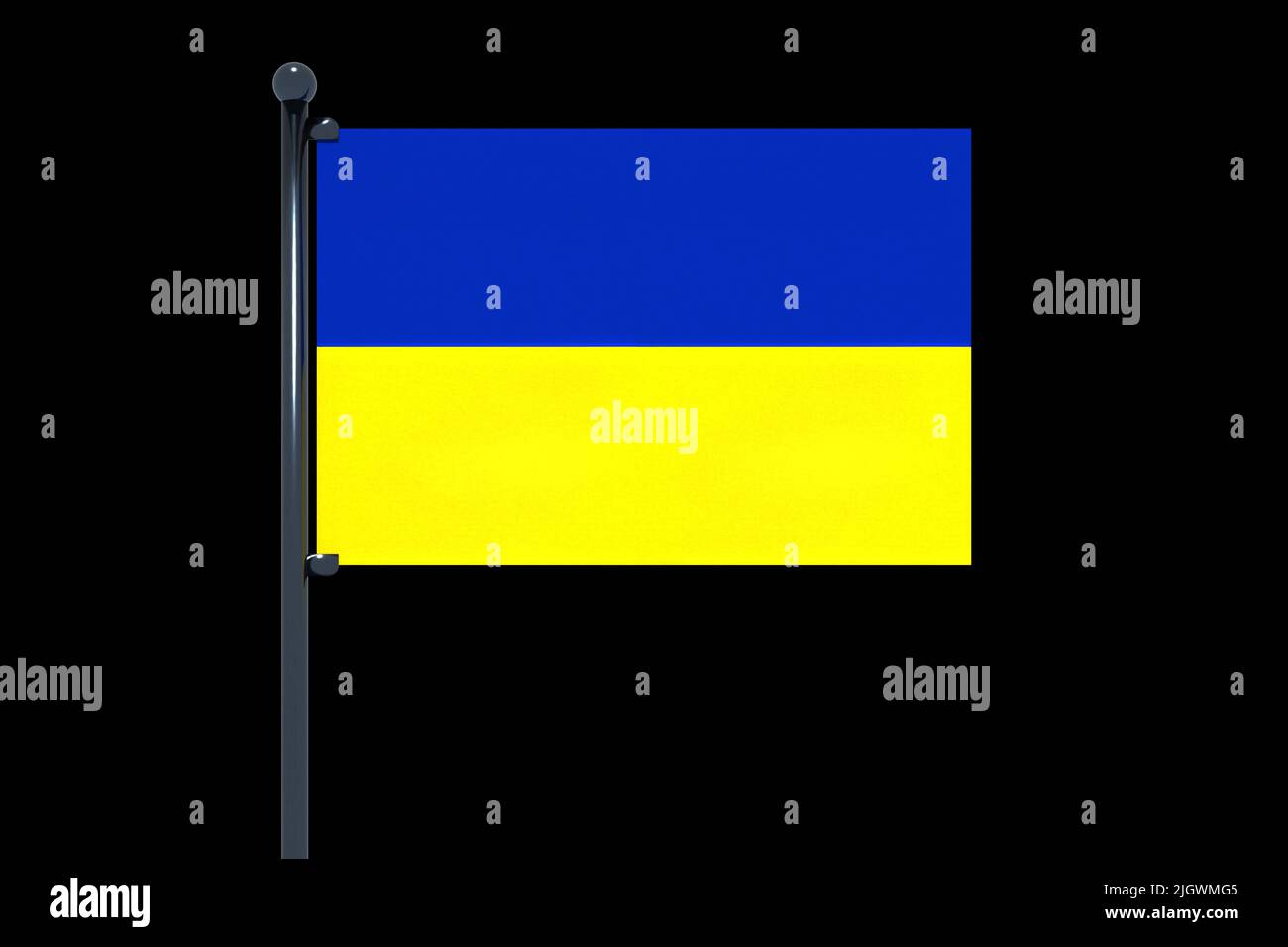 The flag of Ukraine with a 3D rendering pole and black background Stock