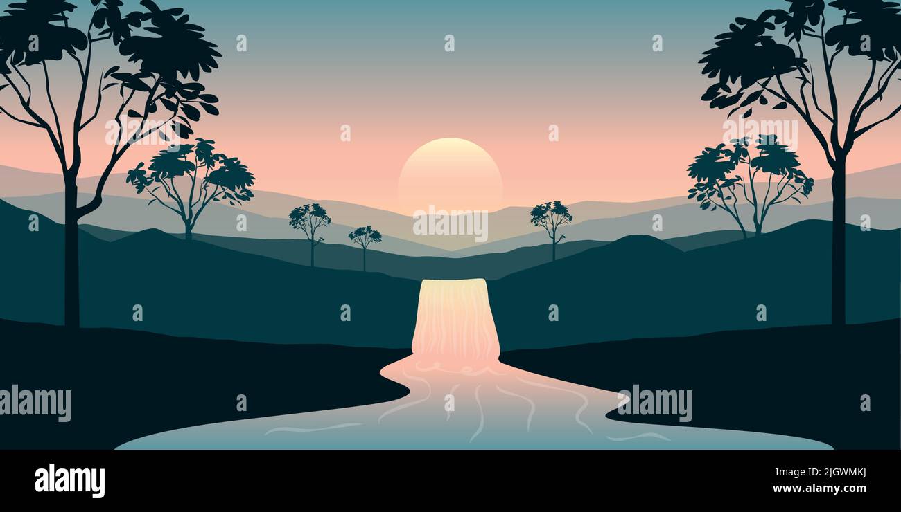 beautiful jungle landscape waterfall river and mountain view at sunset Stock Vector
