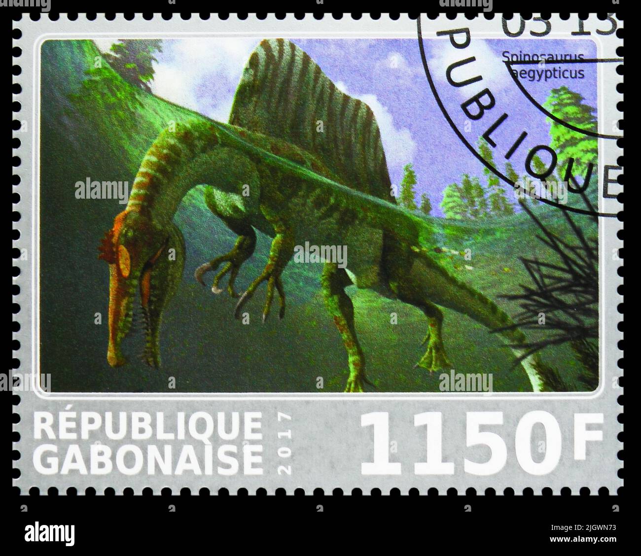 MOSCOW, RUSSIA - JUNE 17, 2022: Postage stamp printed in Gabon shows Spinozaurus aegyptiacus, Dinosaurs serie, circa 2017 Stock Photo