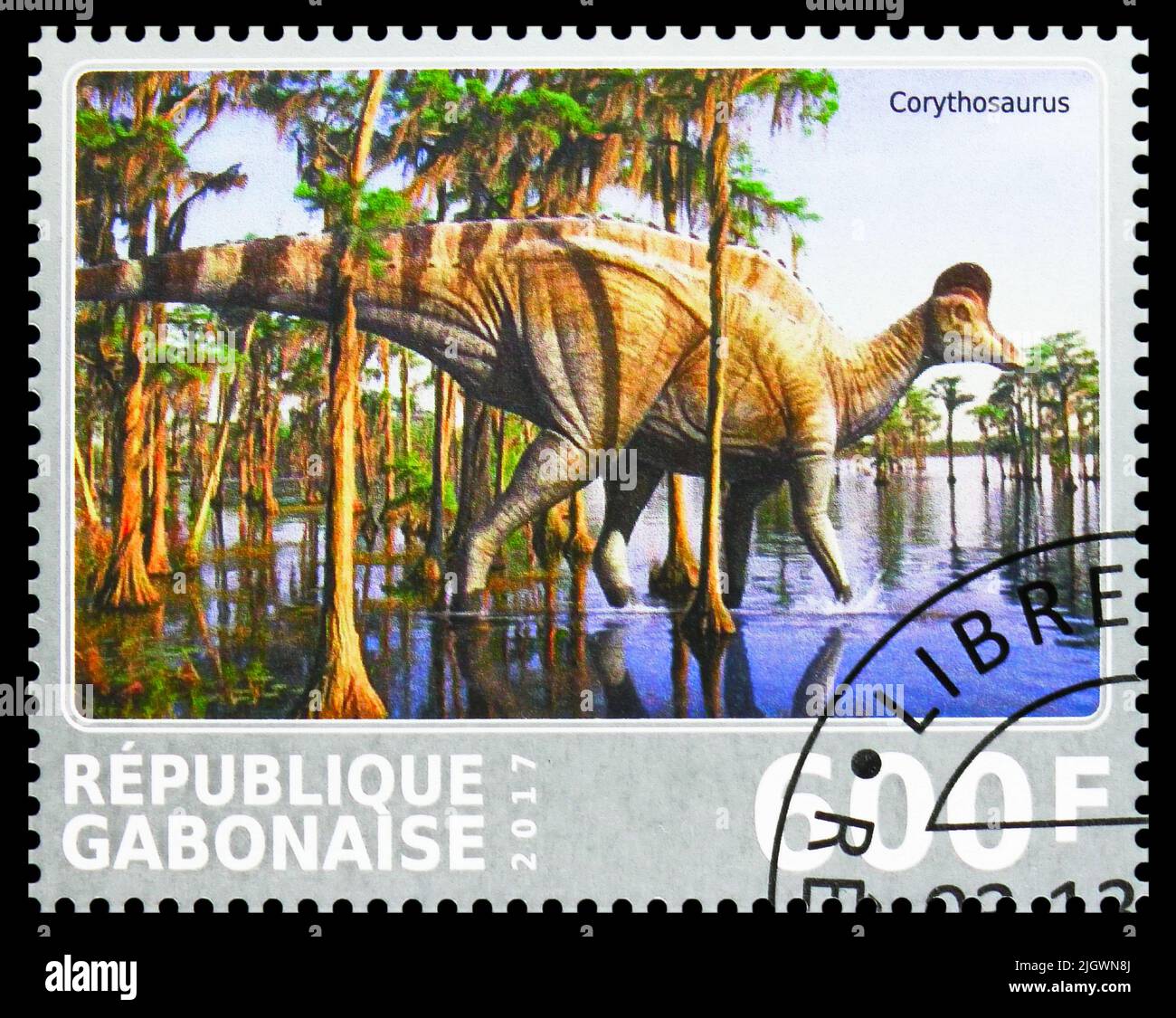 MOSCOW, RUSSIA - JUNE 17, 2022: Postage stamp printed in Gabon shows Corythozaurus, Dinosaurs serie, circa 2017 Stock Photo