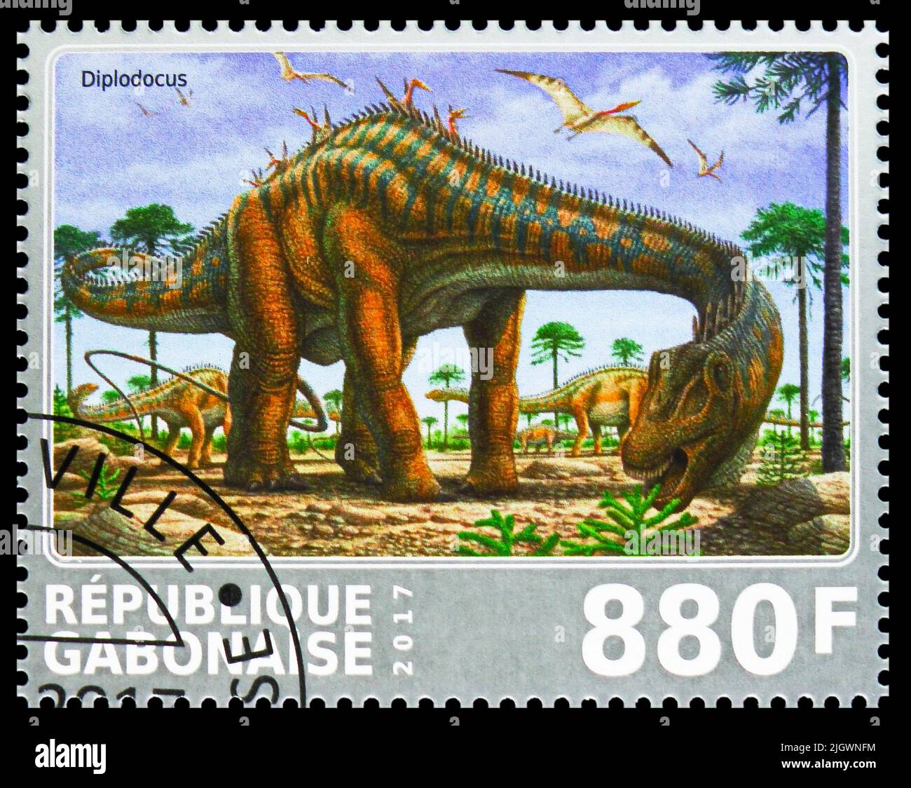 MOSCOW, RUSSIA - JUNE 17, 2022: Postage stamp printed in Gabon shows Diplodocus, Dinosaurs serie, circa 2017 Stock Photo