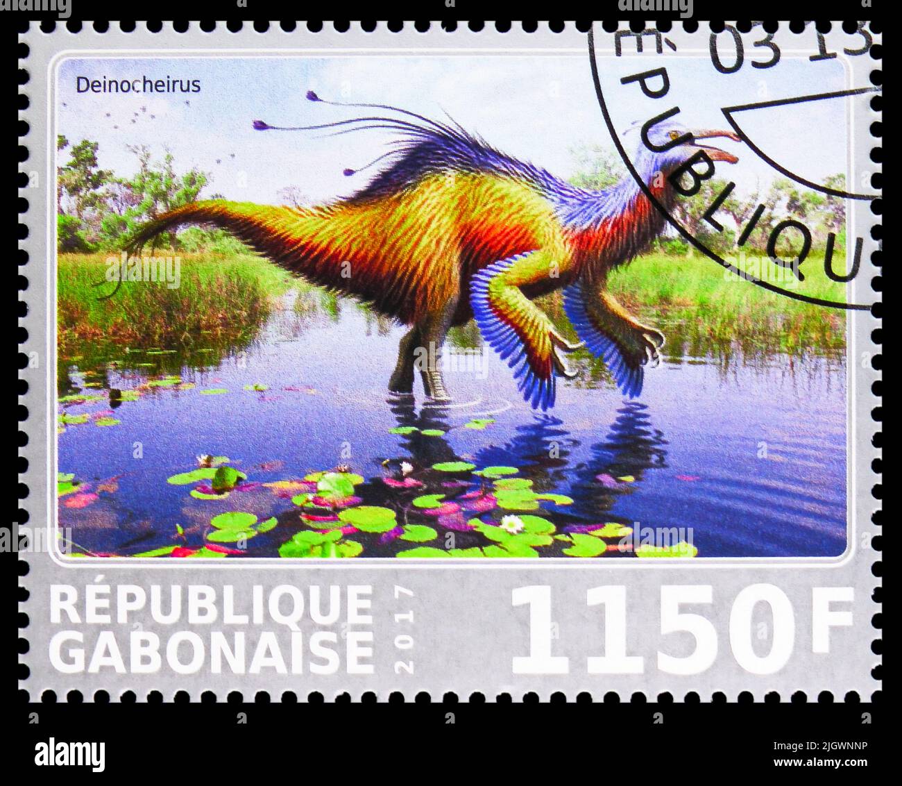 MOSCOW, RUSSIA - JUNE 17, 2022: Postage stamp printed in Gabon shows Deinocheirus, Dinosaurs serie, circa 2017 Stock Photo