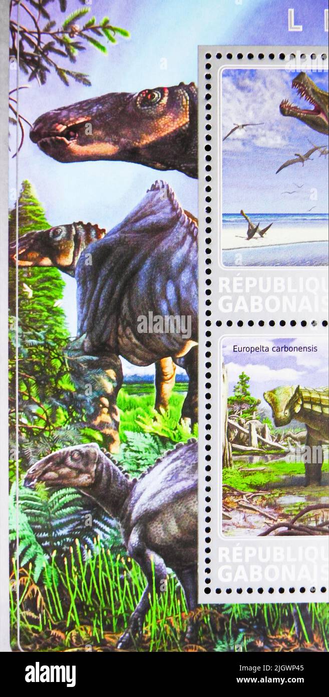MOSCOW, RUSSIA - JUNE 17, 2022: Postage stamp printed in Gabon shows Reptiles pride, Dinosaurs serie, circa 2017 Stock Photo