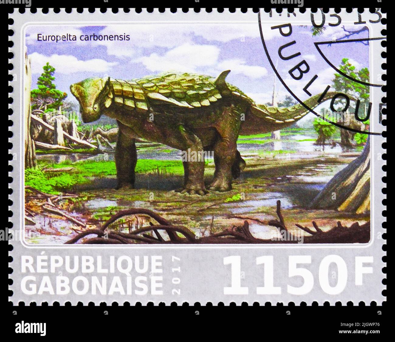 MOSCOW, RUSSIA - JUNE 17, 2022: Postage stamp printed in Gabon shows Europelta carbonensis, Dinosaurs serie, circa 2017 Stock Photo