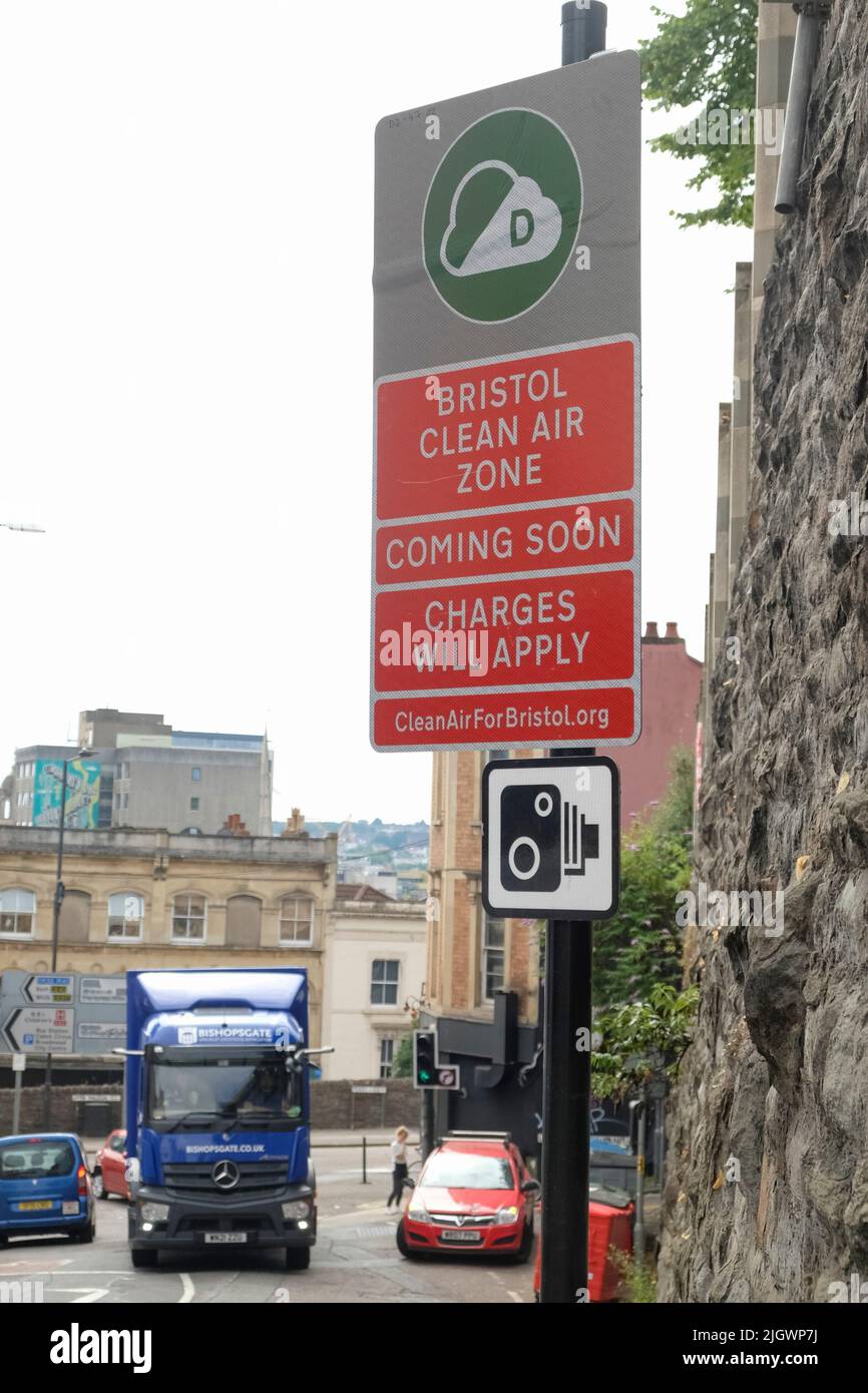 Signs advising of introduction of the Bristol Clean Air Zone. St Michael's Hill Bristol UK Stock