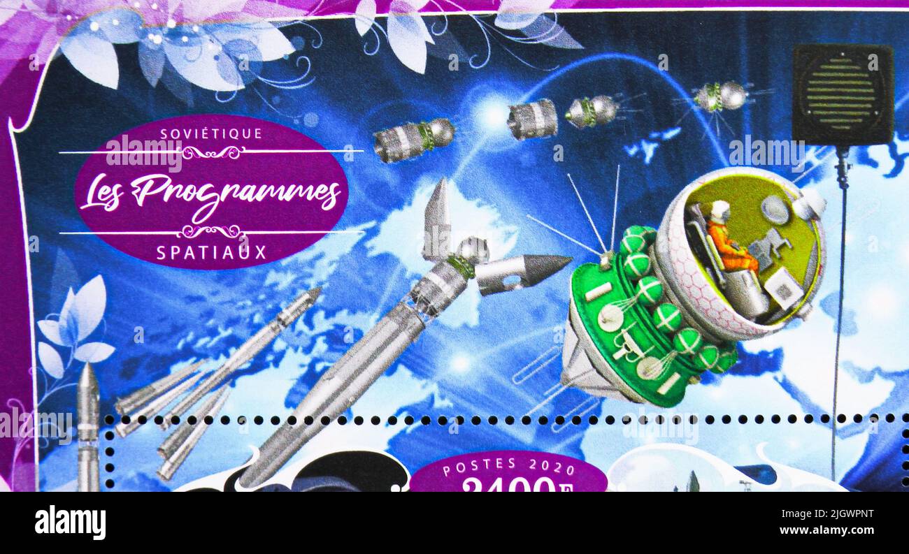 MOSCOW, RUSSIA - JUNE 17, 2022: Postage stamp printed in Gabon shows Rockets and satellites, Space programs serie, circa 2020 Stock Photo
