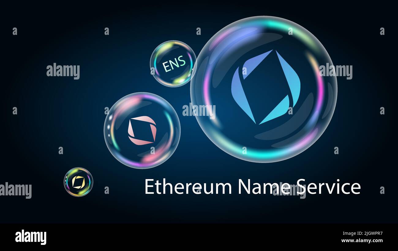 ENS Ethereum Name Service token symbol in soap bubble. Decentralized names for wallets, websites and more. The financial pyramid will burst soon and d Stock Vector