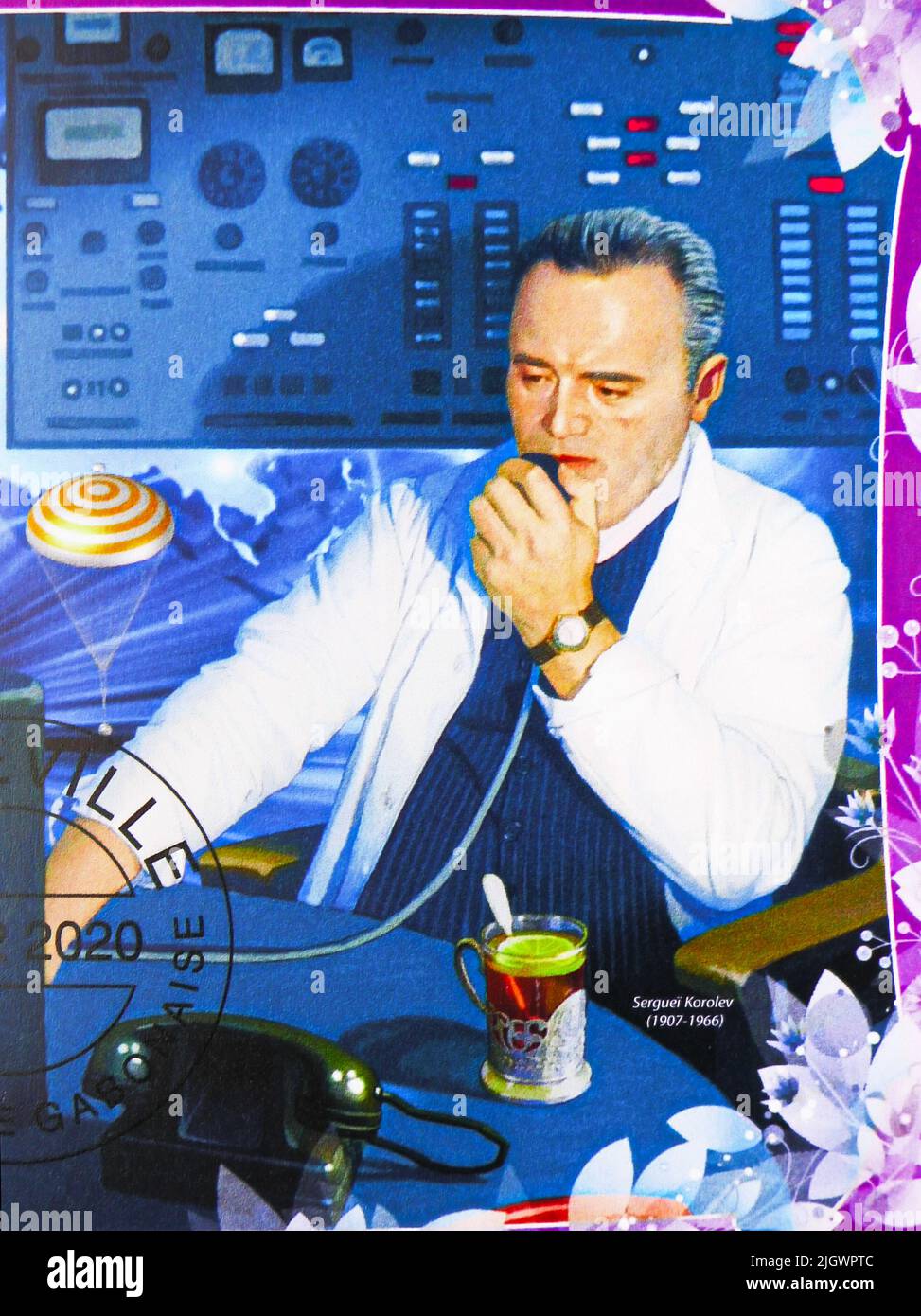 MOSCOW, RUSSIA - JUNE 17, 2022: Postage stamp printed in Gabon shows Sergei Korolev, Space programs serie, circa 2020 Stock Photo