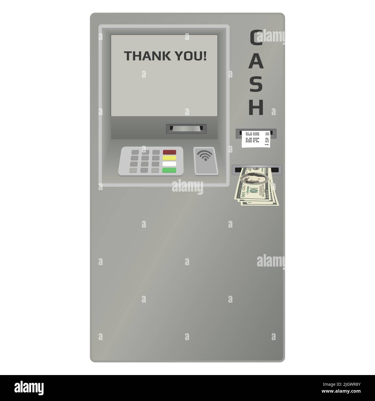 ATM machine with cash dollars and check in slot frontally isolated on