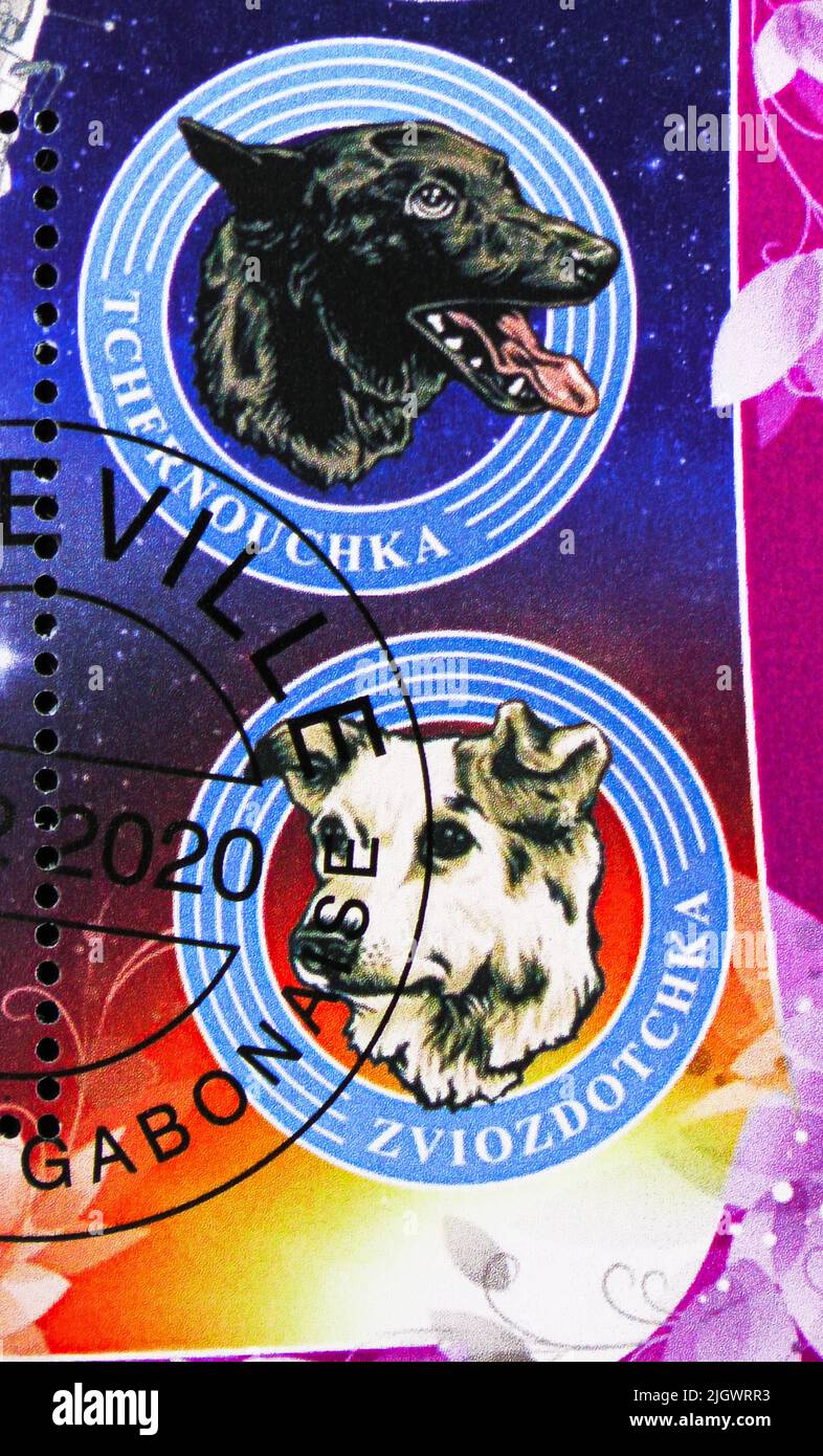MOSCOW, RUSSIA - JUNE 17, 2022: Postage stamp printed in Gabon shows Tchernouchka and Zviozdocthka space dogs, Space programs serie, circa 2020 Stock Photo