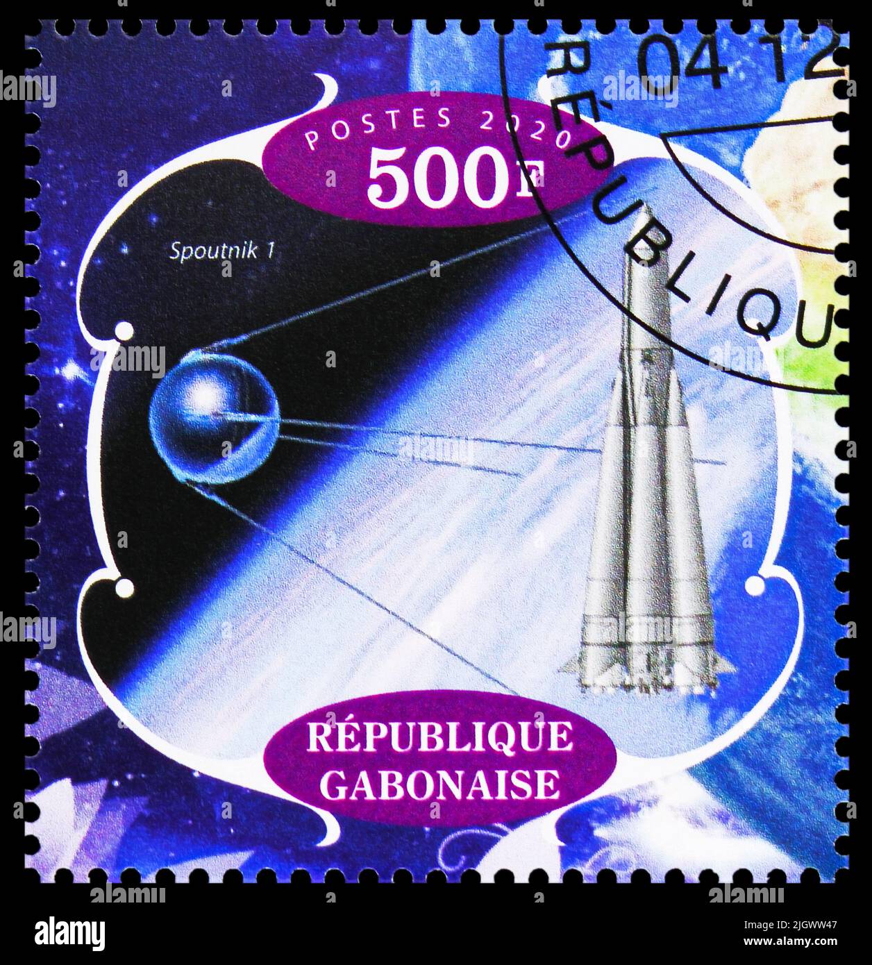 MOSCOW, RUSSIA - JUNE 17, 2022: Postage stamp printed in Gabon shows Spoutnik 1, Space programs serie, circa 2020 Stock Photo