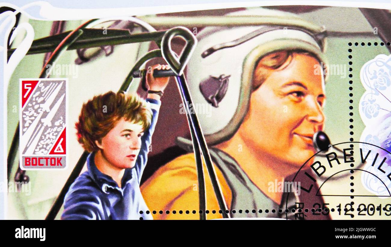 MOSCOW, RUSSIA - JUNE 17, 2022: Postage stamp printed in Gabon shows Valentina Tereshkova training, Space programs serie, circa 2019 Stock Photo