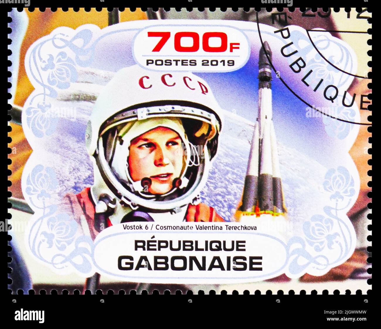 MOSCOW, RUSSIA - JUNE 17, 2022: Postage stamp printed in Gabon shows Valentina Tereshkova space suit, Space programs serie, circa 2019 Stock Photo