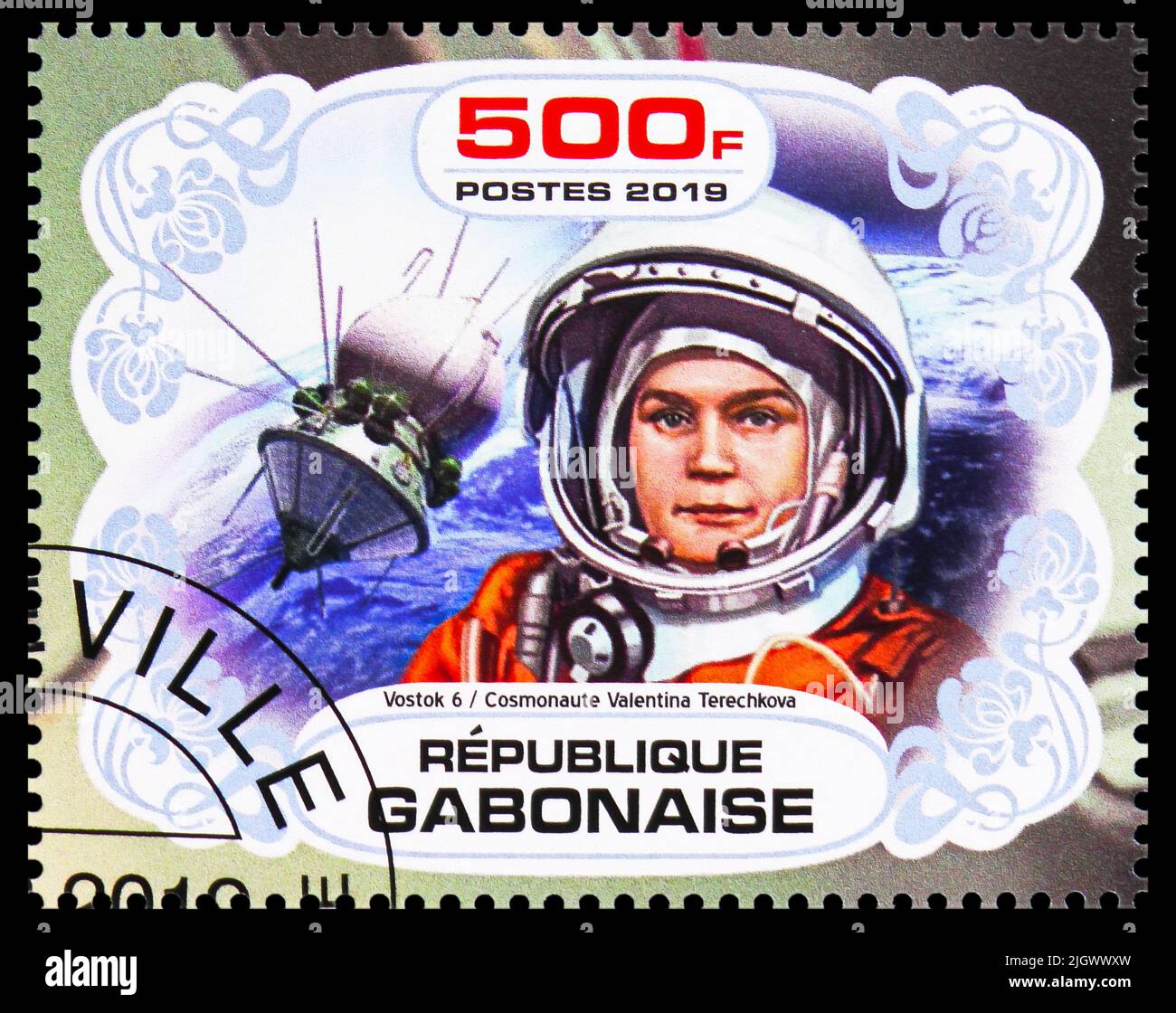 MOSCOW, RUSSIA - JUNE 17, 2022: Postage stamp printed in Gabon shows Valentina Tereshkova, Space programs serie, circa 2019 Stock Photo