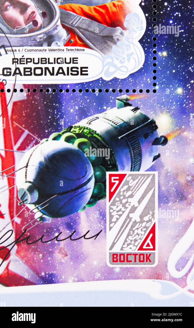 MOSCOW, RUSSIA - JUNE 17, 2022: Postage stamp printed in Gabon shows Soyuz 5 and Soyuz 6, Space programs serie, circa 2019 Stock Photo