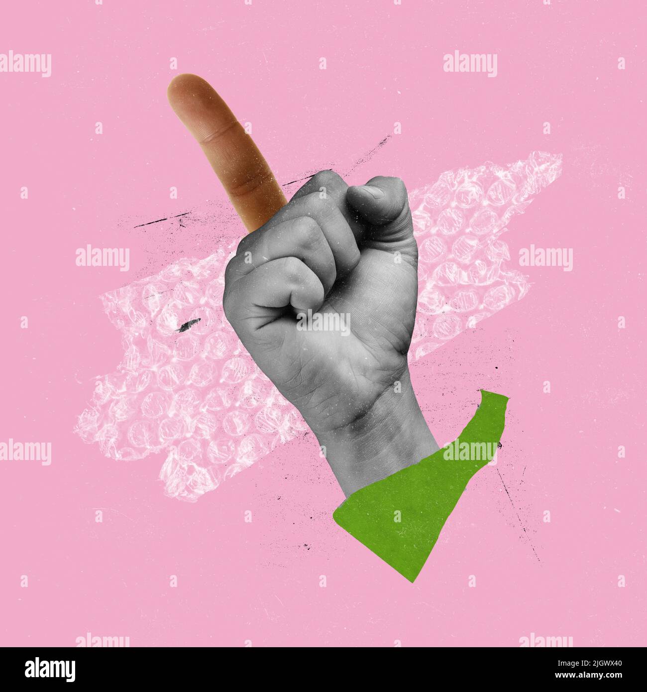 Contemporary art collage. Conceptual image with male fist showing rude ...