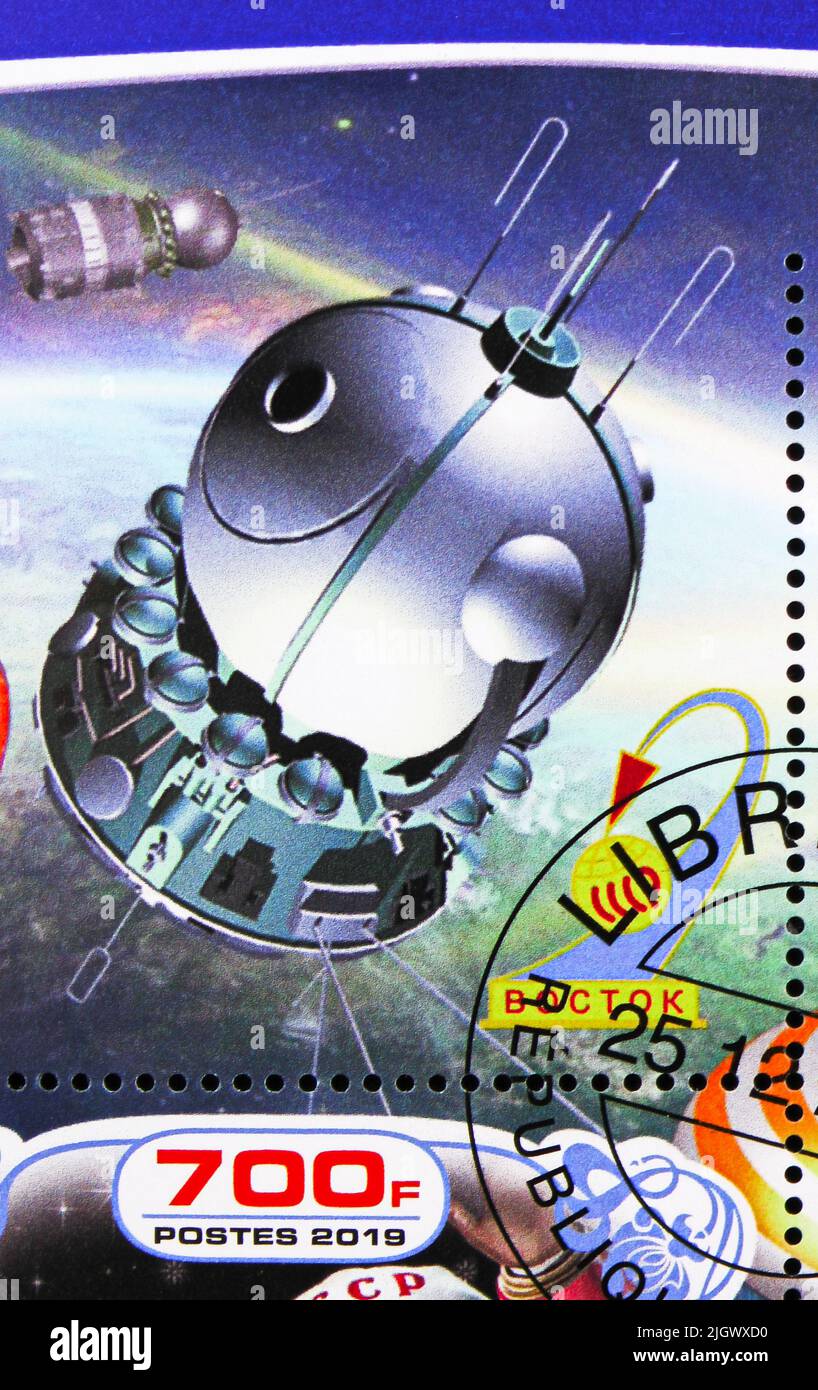 MOSCOW, RUSSIA - JUNE 17, 2022: Postage stamp printed in Gabon shows Vostok, Space programs serie, circa 2019 Stock Photo