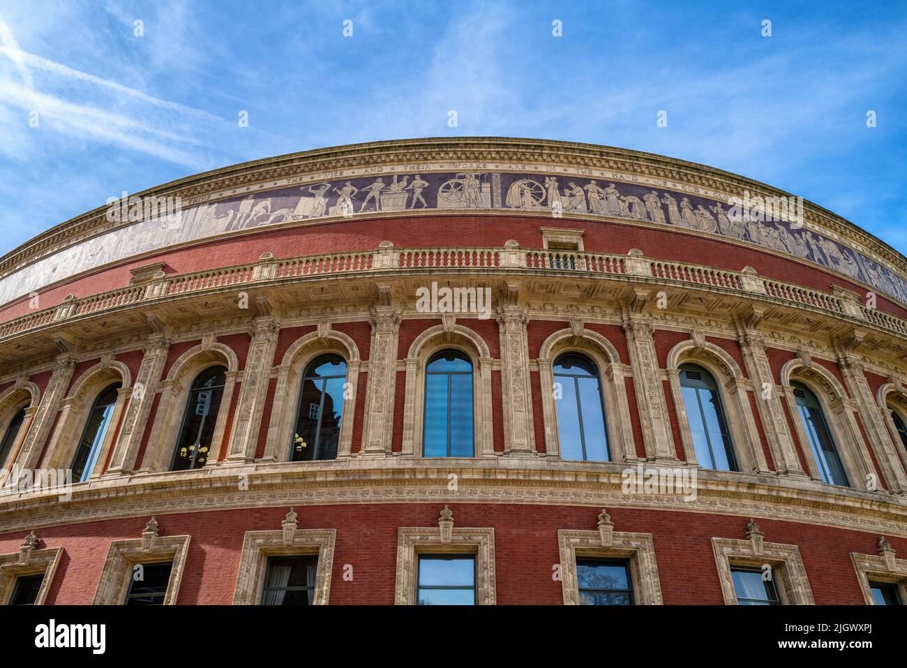 London, UK - 17 April 2022: Daytime view of the Royal Albert Hall, London. Opened by Queen Victoria in 1871 as a tribute to Prince Albert. The world f Stock Photo