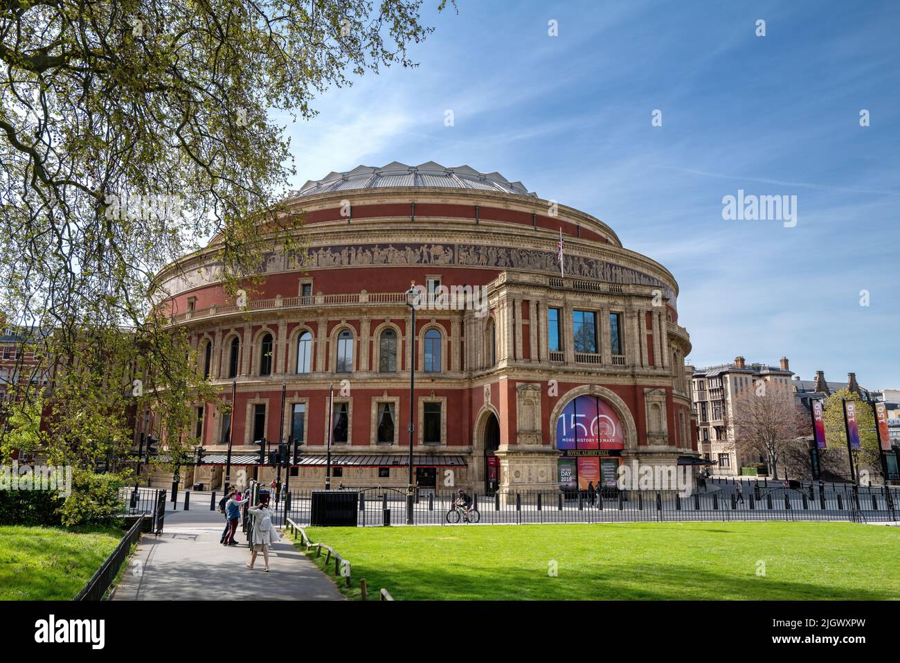 London, UK - 17 April 2022: Daytime view of the Royal Albert Hall, London. Opened by Queen Victoria in 1871 as a tribute to Prince Albert. The world f Stock Photo