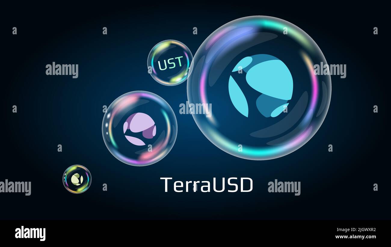 Stablecoin TerraUSD UST token symbol in soap bubble. Cryptocurrency price falls down, trading crisis and crash. The financial pyramid will burst soon Stock Vector